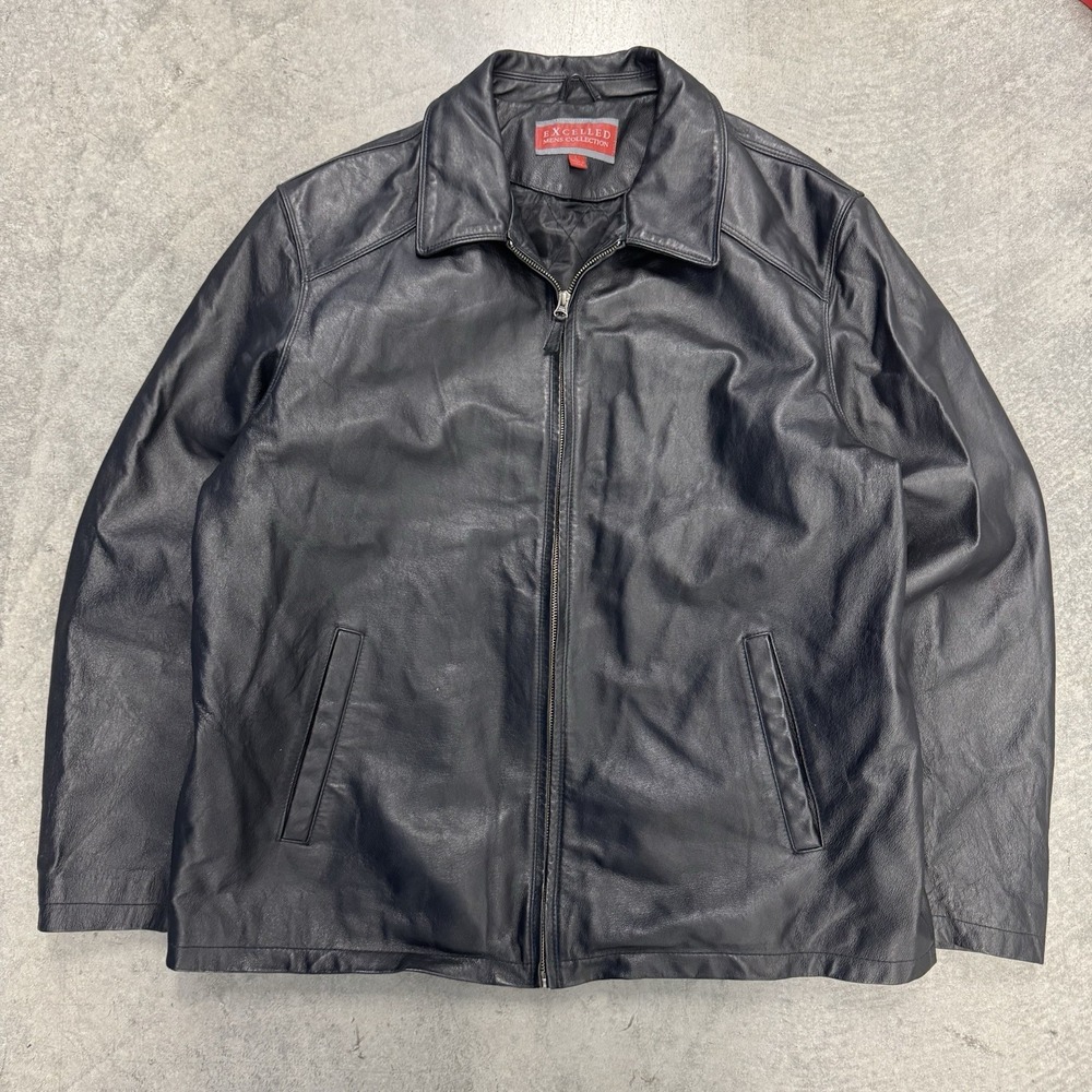 Men's Black Leather Jacket Quilted Lined Excelled Full Zip Outerwear Size Large